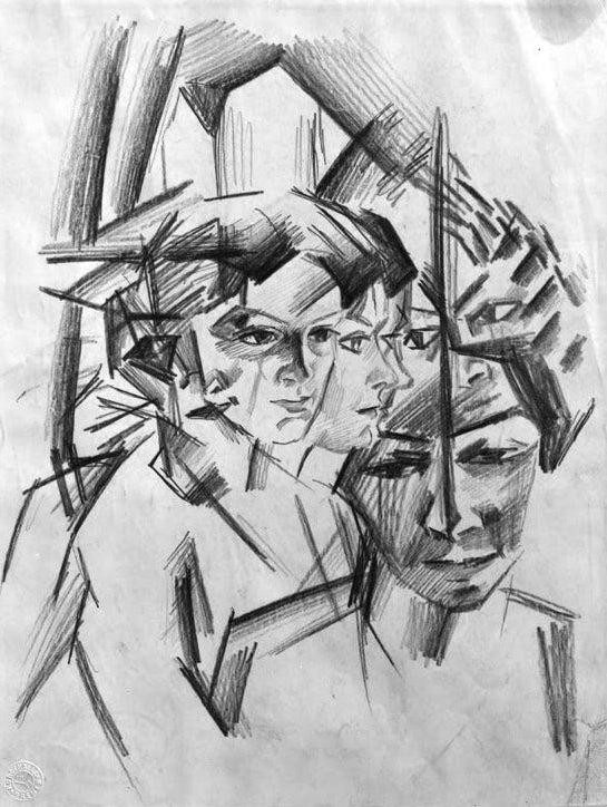 Kunstdruck des Gemäldes „Futuristische Köpfe (Elisabeth)“ von August Macke. Hochwertig in Deutschland von Hand gefertigt, erhältlich als Poster oder Leinwand und optional gerahmt.