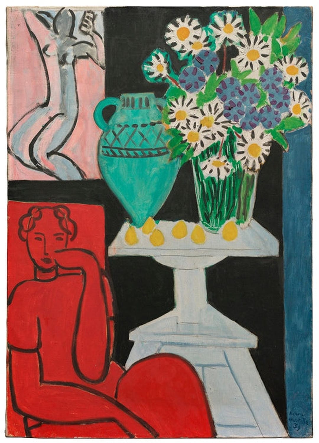 Gemälde von Henri Matisse, 1939: weißer Gänseblümchenstrauß in einer Vase, eingebettet in ein farbenfrohes Interieur mit dekorativen Elementen im Stil der klassischen Moderne.