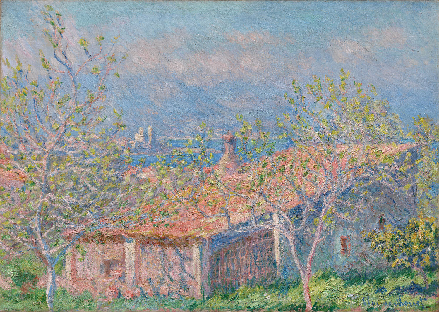Das Gemälde "Gärtnerhaus bei Antibes" von Claude Monet zeigt ein malerisches Gartenhaus inmitten eines blühenden Gartens in Antibes. Umgeben von üppigem Grün und bunten Blumen, vermittelt das Bild eine friedliche Atmosphäre. Der Himmel ist klar, und das Licht fällt sanft auf die Architektur und das florale Umfeld.