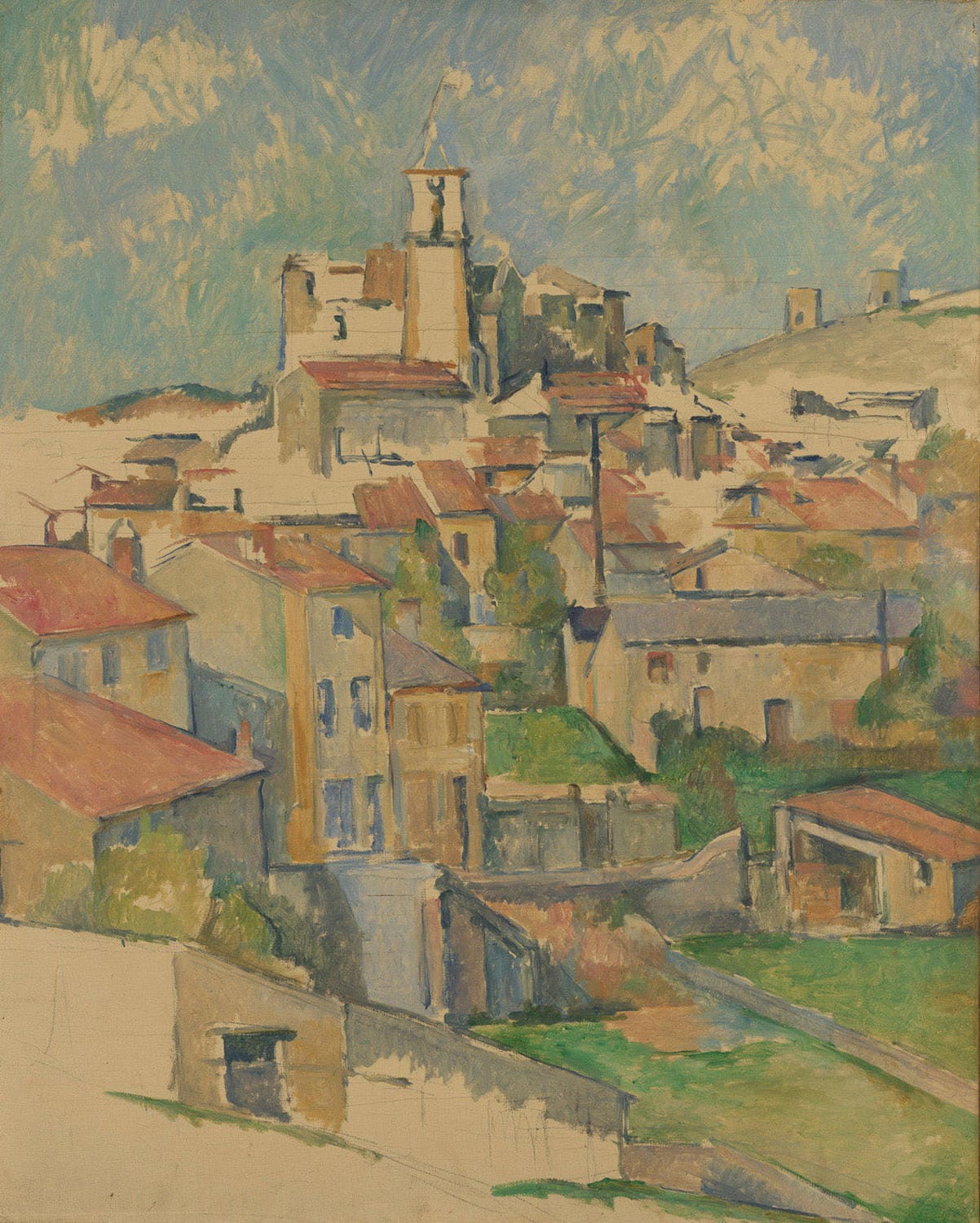 „Gardanne“ von Paul Cézanne zeigt eine malerische ländliche Szene mit sanften Hügeln, üppigem Grün und Bäumen. Das Werk spiegelt Cézannes meisterhafte Verwendung von kräftigen Pinselstrichen und Farben wider, die der Landschaft Tiefe und eine nahezu plastische Qualität verleihen.