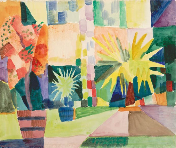Kunstdruck des Gemäldes „Garten am Thuner See (Granatapfelbaum und Palme im Garten)“ von August Macke. Hochwertig in Deutschland von Hand gefertigt, erhältlich als Poster oder Leinwand, optional gerahmt.