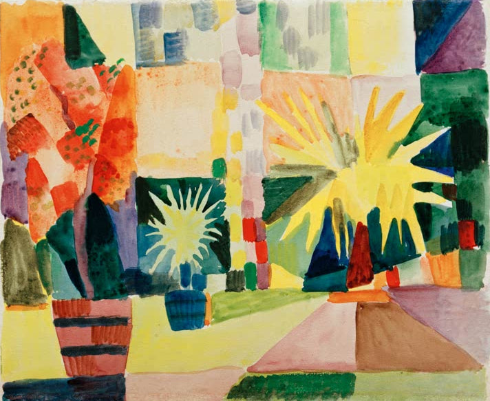 Kunstdruck des Gemäldes „Garten am Thunersee“ von August Macke. Hochwertig in Deutschland von Hand gefertigt, erhältlich als Poster oder Leinwand und optional gerahmt.