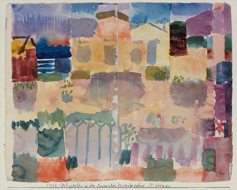 Kunstdruck „Garten in St. Germain, das europäische Viertel in der Nähe von Tunis“ von Paul Klee mit abstrakter Gartenlandschaft

