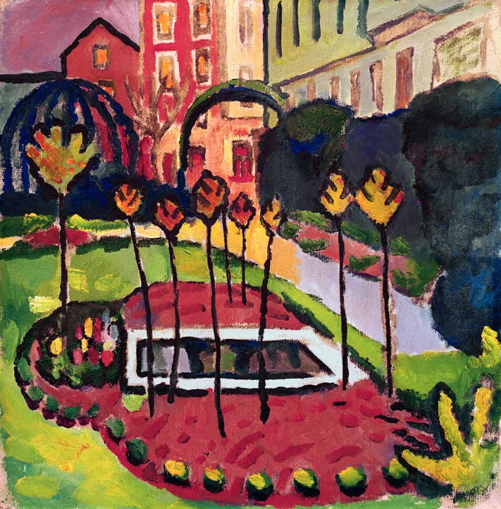 Kunstdruck des Gemäldes „Garten mit Bassin“ von August Macke. Hochwertig in Deutschland von Hand gefertigt, erhältlich als Poster oder Leinwand und optional gerahmt.