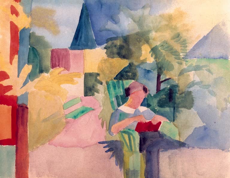 Kunstdruck des Gemäldes „Garten mit lesender Frau (am Thuner See)“ von August Macke. Hochwertig in Deutschland von Hand gefertigt, erhältlich als Poster oder Leinwand und optional gerahmt.