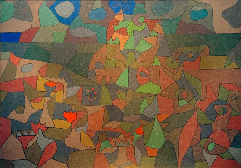 Kunstdruck „Garten nach dem Gewitter“ von Paul Klee mit abstrakter Gartenlandschaft in farbenfrohen Formen

