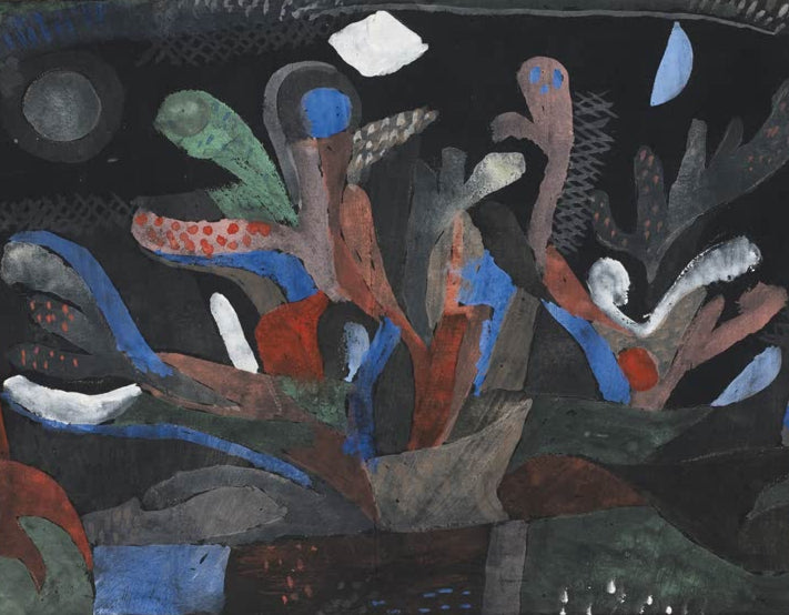 Kunstdruck „Gartenbild in dunklen Farben“ von Paul Klee mit abstrakter Gartenkomposition und dunklen Farbtönen
