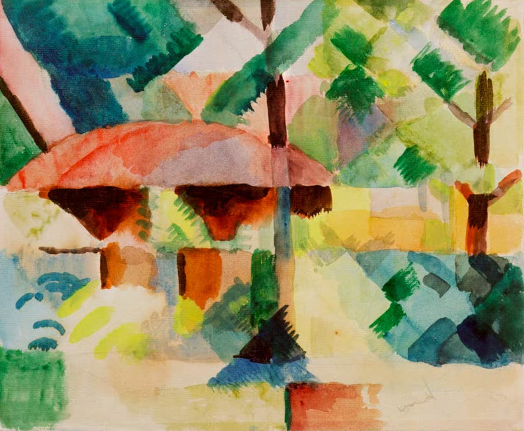 Kunstdruck des Gemäldes „Garteneingang“ von August Macke. Hochwertig in Deutschland von Hand gefertigt, erhältlich als Leinwand oder Poster und optional gerahmt.