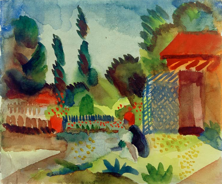 Kunstdruck des Gemäldes „Gartenhäuschen“ von August Macke. Hochwertig in Deutschland von Hand gefertigt, erhältlich als Leinwand oder Poster und optional gerahmt.