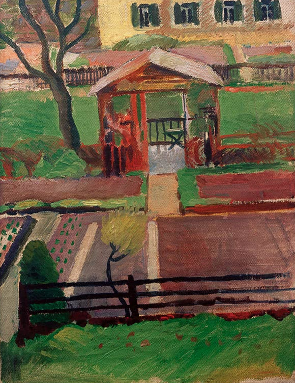 Kunstdruck des Gemäldes „Gartenhäuschen in Tegernsee“ von August Macke. Hochwertig in Deutschland von Hand gefertigt, erhältlich als Poster oder Leinwand und optional gerahmt.