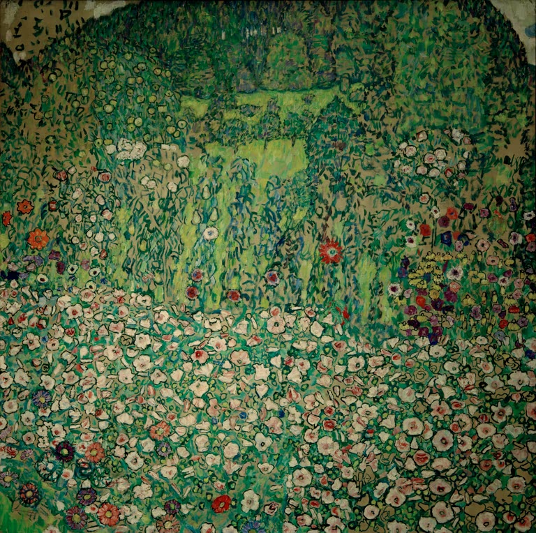 Kunstdruck des Gemäldes „Gartenlandschaft mit Bergkuppe“ von Gustav Klimt – detailreiche Reproduktion einer farbenfrohen Gartenlandschaft.