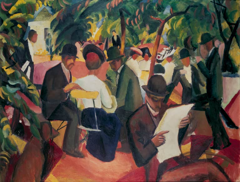 Kunstdruck des Gemäldes „Gartenrestaurant“ von August Macke. Hochwertig in Deutschland von Hand gefertigt, erhältlich als Poster oder Leinwand und optional gerahmt.