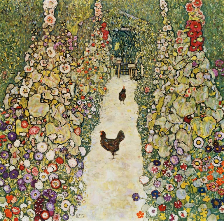Kunstdruck des Gemäldes „Gartenweg mit Hühnern“ von Gustav Klimt – hochwertige Reproduktion einer idyllischen Gartenlandschaft mit Tieren.