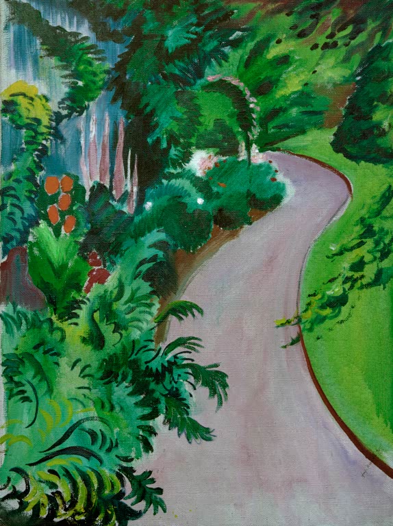Kunstdruck des Gemäldes „Gartenweg“ von August Macke. Hochwertig in Deutschland von Hand gefertigt, erhältlich als Poster oder Leinwand und optional gerahmt.