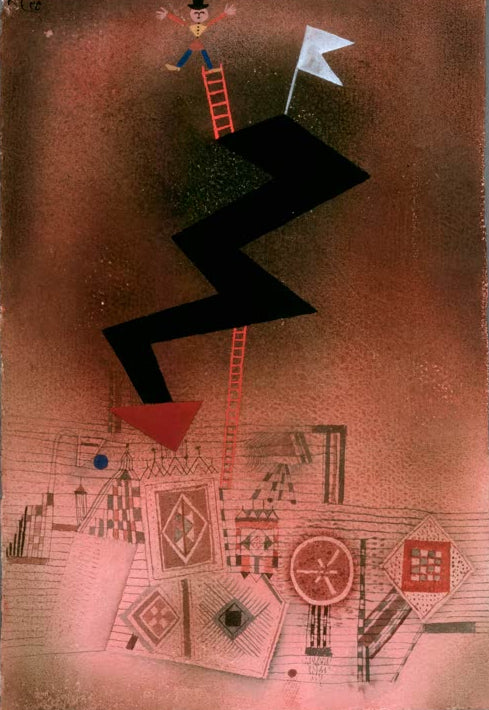 Kunstdruck von „Gebannter Blitz“ von Paul Klee mit dynamischer Symbolik und abstrakten Formen in ausdrucksstarker Farbgestaltung.