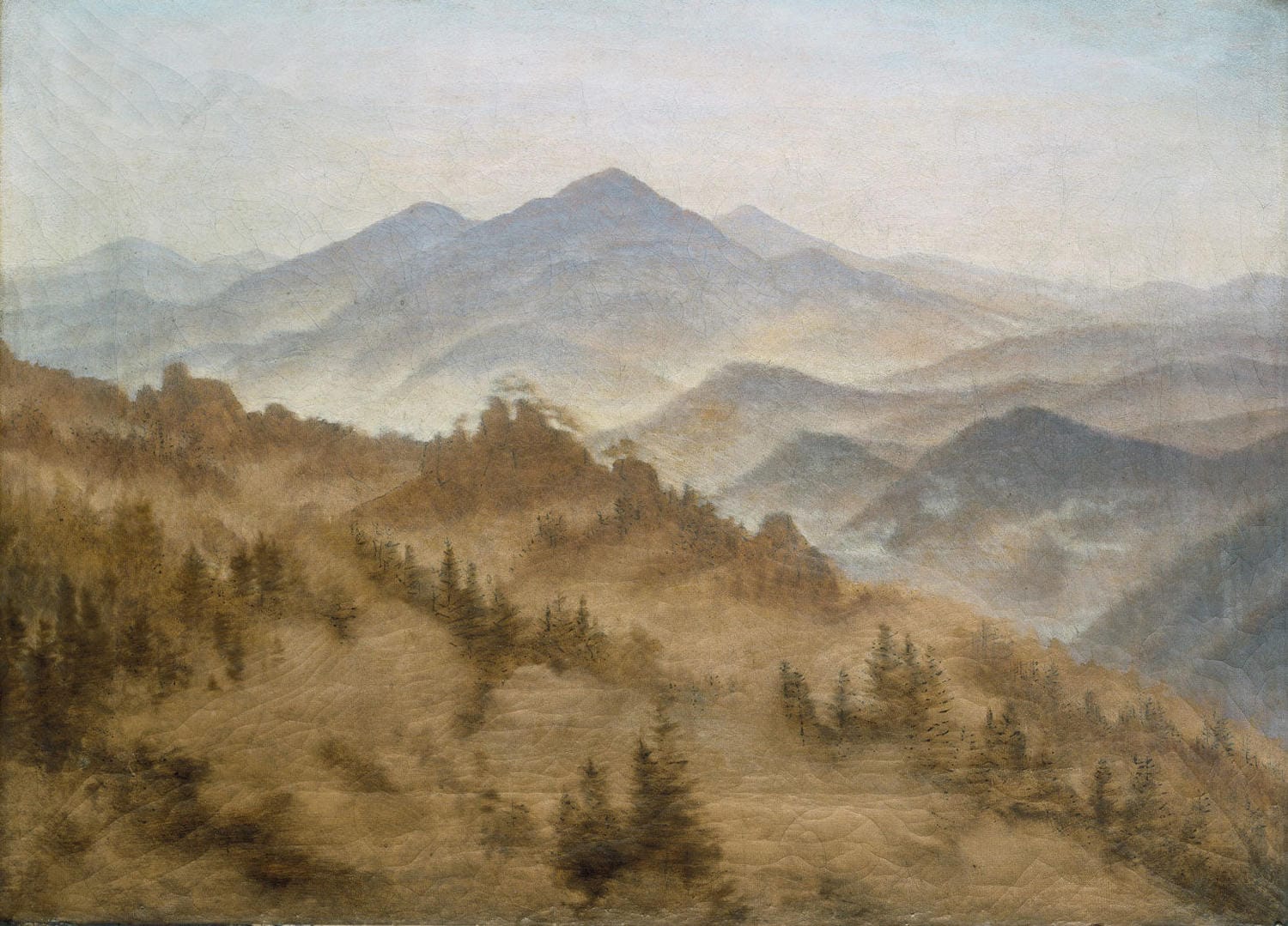 Stimmungsvolles Gemälde von Caspar David Friedrich: 'Gebirge bei aufsteigendem Nebel' zeigt eine nebelverhangene Berglandschaft mit sanften Lichtstimmungen, die Ruhe und Erhabenheit ausstrahlen.