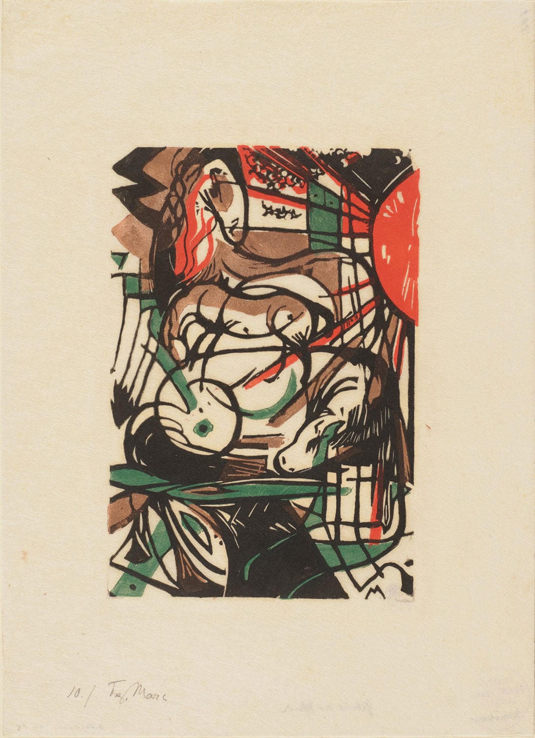 Expressionistisches Gemälde "Die Geburt der Pferde*"von Franz Marc mit dynamischen Formen und leuchtenden Farben, die Pferde in abstrakter Natur darstellen.