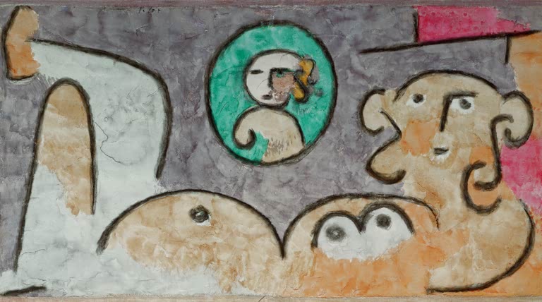 Kunstdruck von „Gedanken an Nachkommenschaft“ von Paul Klee mit symbolischer Bildsprache und abstrakten Formen.