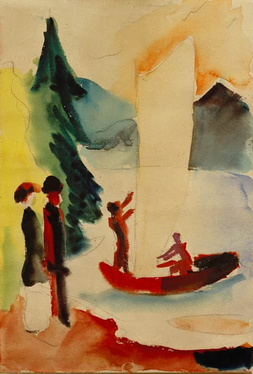 Kunstdruck des Gemäldes „Gelbes Segel“ von August Macke. Hochwertig in Deutschland von Hand gefertigt, erhältlich als Poster oder Leinwand und optional gerahmt.