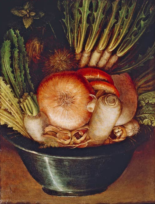 Kunstdruck „Gemüse in einer Schüssel“ von Giuseppe Arcimboldo mit kunstvoll arrangiertem Gemüse, das gedreht ein Porträt ergibt