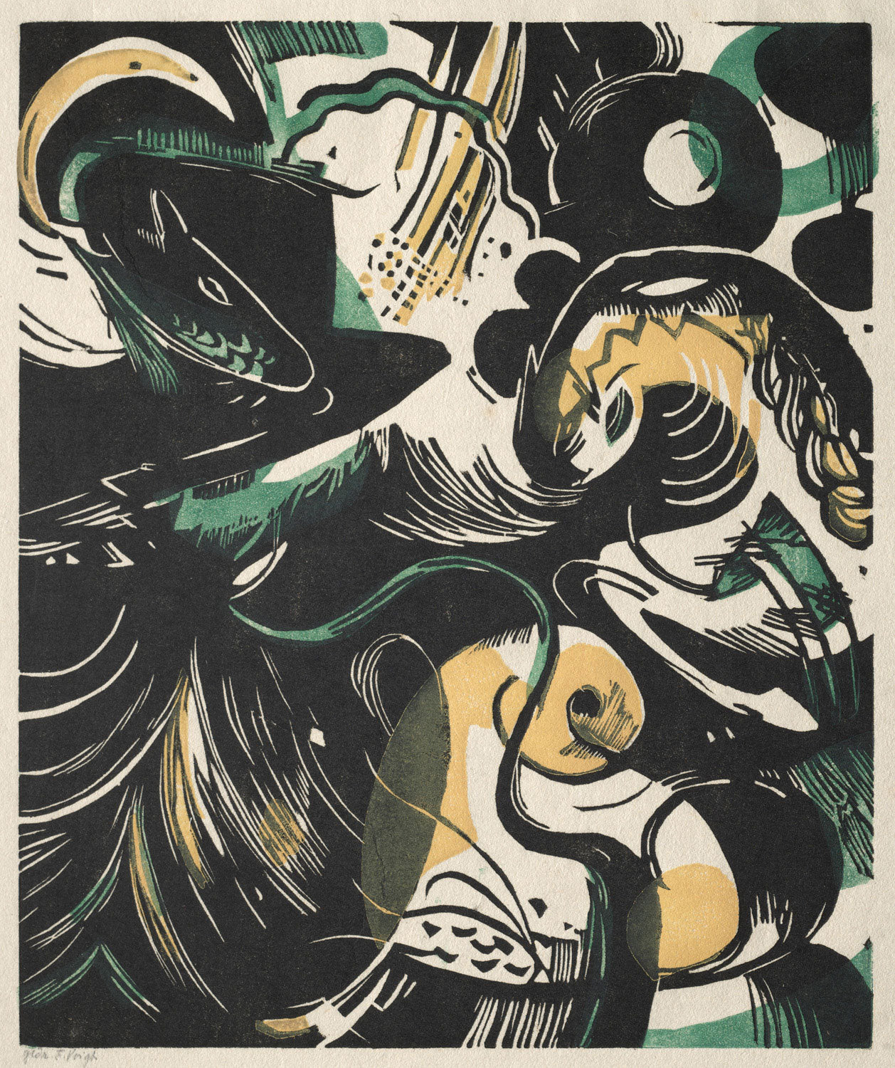 Expressionistisches Gemälde 'Genesis II' von Franz Marc, das die Schöpfung von Tieren in lebendigen Farben und abstrakten Formen darstellt.