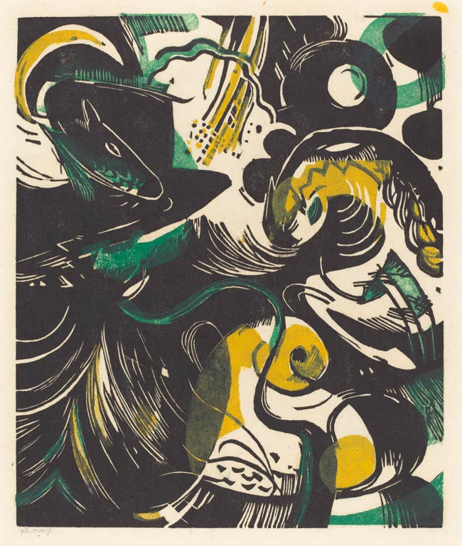 Kunstdruck des Gemäldes „Genesis II (Schöpfungsgeschichte II)“ von Franz Marc. Hochwertig in Deutschland von Hand gefertigt, erhältlich als Poster oder Leinwand und optional gerahmt.