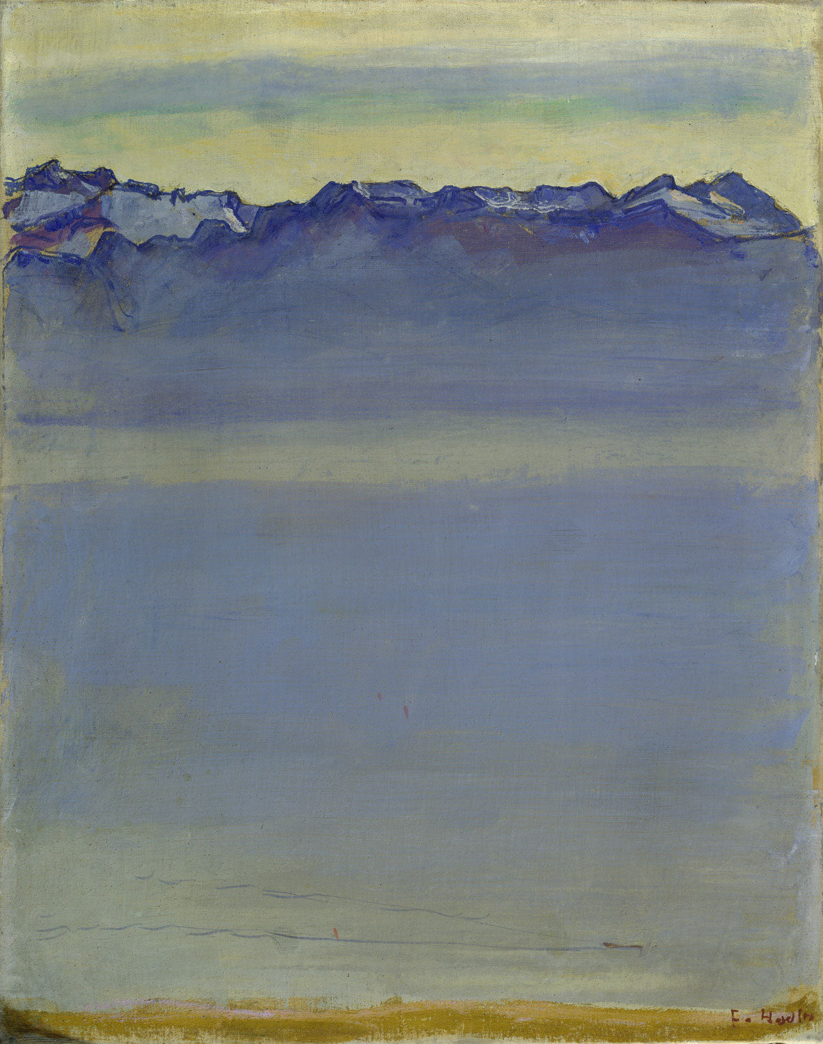 „Genfer See mit den Savoyer Alpen“ von Ferdinand Hodler – Impressionistische Landschaftsmalerei mit ruhigem See, sanften Blautönen und imposanten Alpen im Hintergrund. Zeitlose Darstellung der Schweizer Natur.