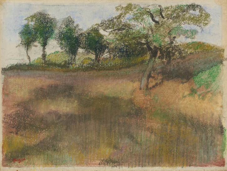 Kunstdruck des Gemäldes „Gepflügtes Feld, umgeben von Bäumen“ von Edgar Degas, detailgetreu umgesetzt und hochwertig in Deutschland produziert.