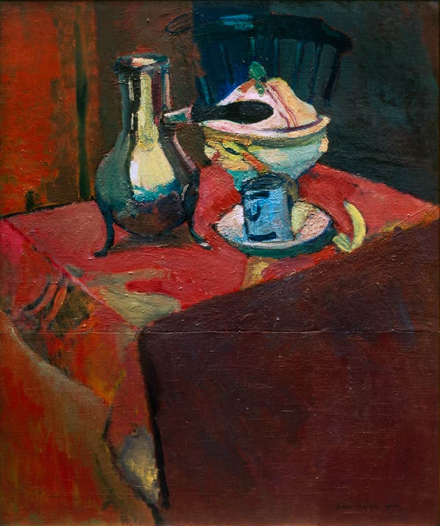 Kunstdruck „Geschirr auf dem Tisch“ von Henri Matisse mit farbenfroher Stilllebenszene und dekorativ arrangiertem Geschirr