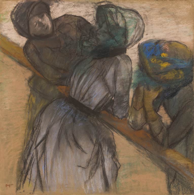 Kunstdruck des Gemäldes Gespräch an der Rennbahn von Edgar Degas mit mehreren Personen und Pferden an einer Rennbahn.