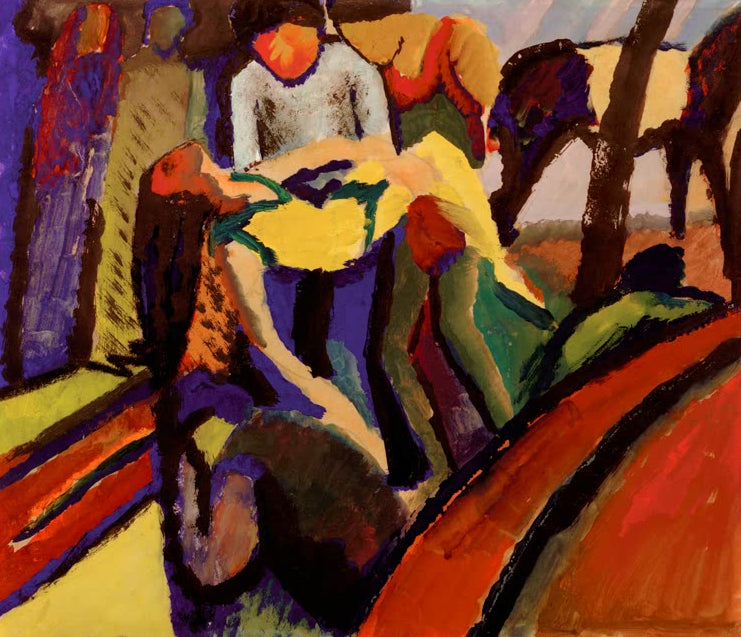 Kunstdruck des Gemäldes „Gestürzt“ von August Macke. Hochwertig in Deutschland von Hand gefertigt, erhältlich als Poster oder Leinwand und optional gerahmt.
