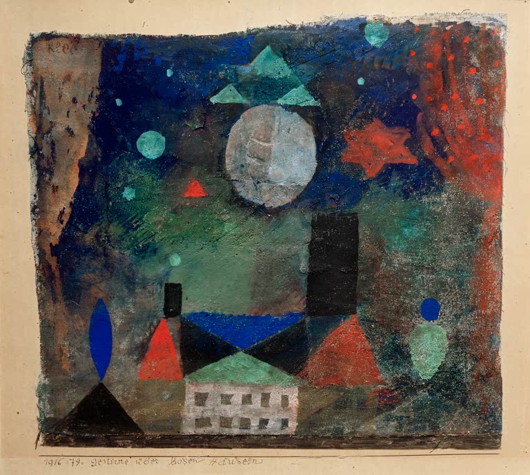 Kunstdruck „Gestirne über bösen Häusern“ von Paul Klee mit Häusern und Gestirnen in einer ausdrucksstarken, surrealen Komposition.