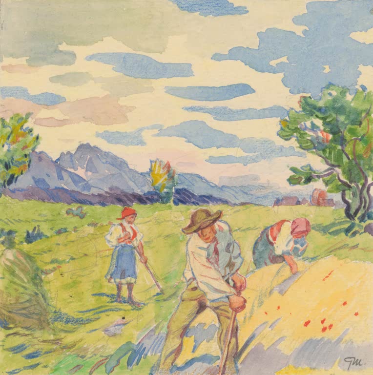 Kunstdruck Getreide mähen von Gustav Mally mit Feldarbeitern bei der Ernte in einer ländlichen Landschaft