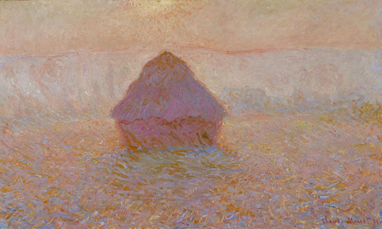Impressionistisches Gemälde Getreideschober, Sonne im Nebel von Claude Monet mit einem sonnenbeschienenen Getreideschober im morgendlichen Nebel.