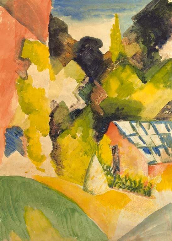 Kunstdruck des Gemäldes „Gewächshaus im Park von Oberhofen“ von August Macke. Hochwertig in Deutschland von Hand gefertigt, erhältlich als Poster oder Leinwand und optional gerahmt.
