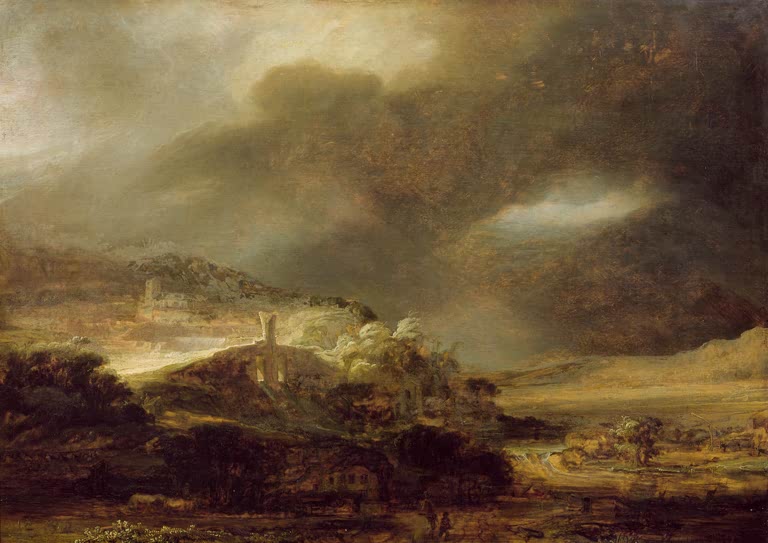 Kunstdruck von Rembrandts Gemälde „Gewitterlandschaft mit Gebirgsstadt“ mit einer dramatischen Landschaft unter dunklen Gewitterwolken.