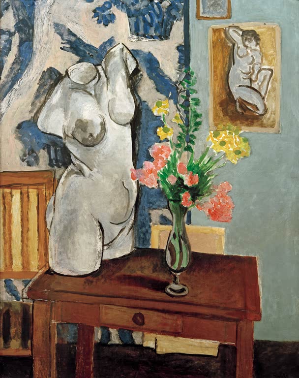 Kunstdruck des Gemäldes Gipstorso und Blumenstrauß von Henri Matisse, handgefertigt in Deutschland als Poster oder Leinwand erhältlich