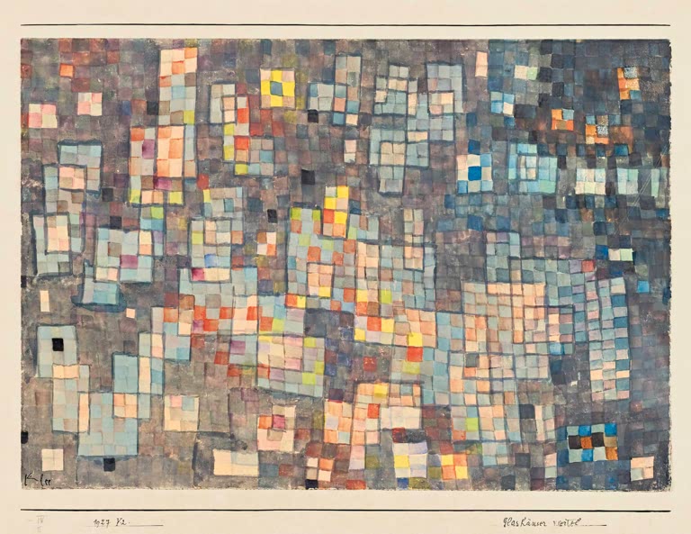 Kunstdruck „Glashäuser Viertel“ von Paul Klee mit abstrakter Darstellung von Glashäusern und geometrischen Formen