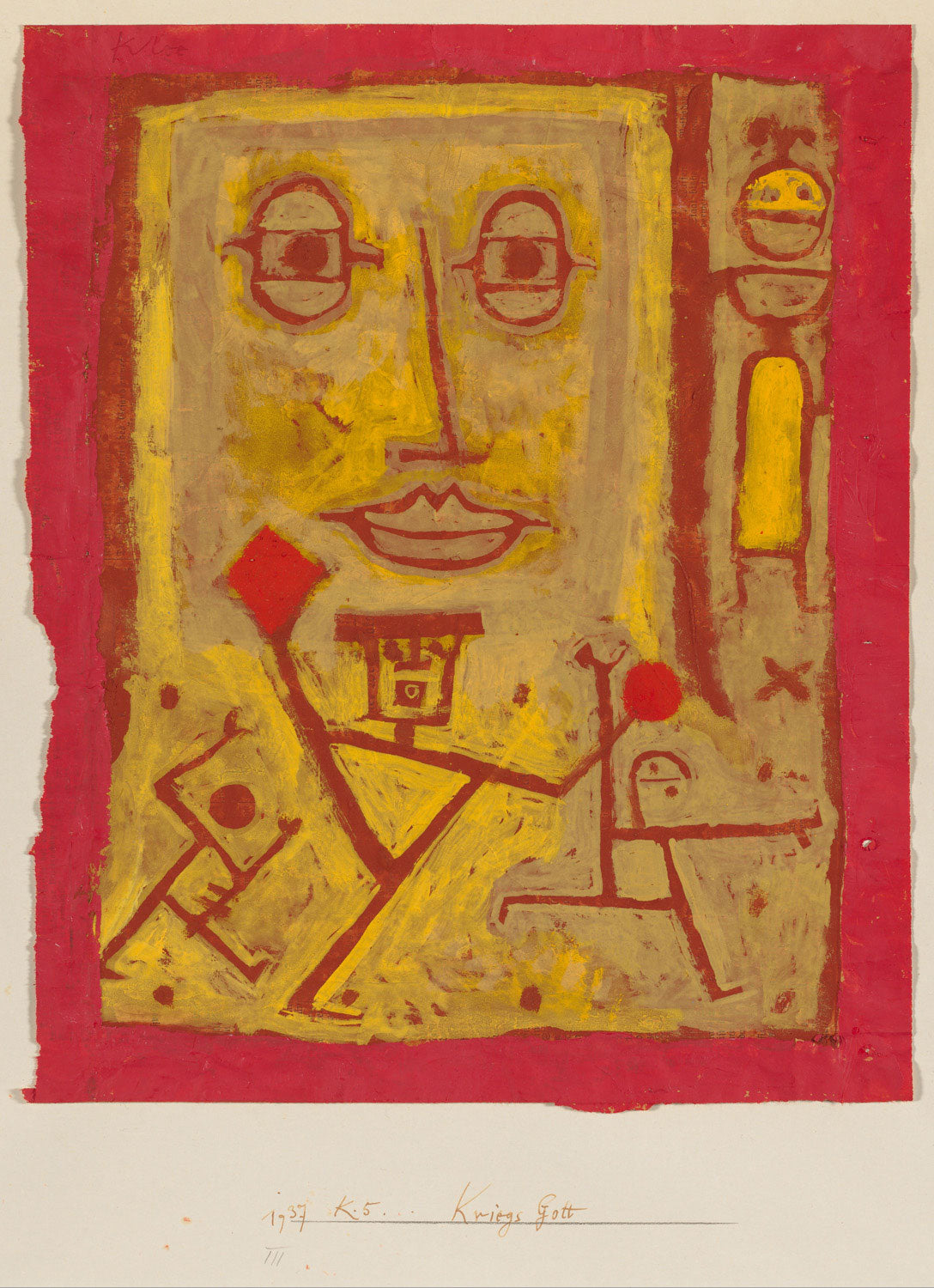 Abstraktes Gemälde 'Kriegsgott' von Paul Klee, das die symbolische Darstellung der zerstörerischen Kraft des Krieges in geometrischen Formen und kräftigen Farben zeigt.