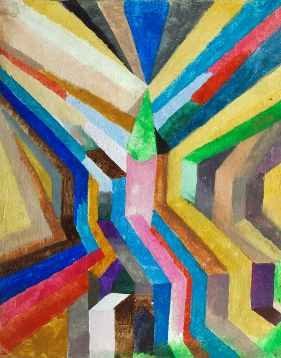 Kunstdruck von „Grüner Kirchturm“ von Paul Klee mit stilisiertem Kirchturm und harmonischer Farbkomposition.