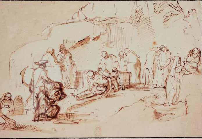 Kunstdruck von Rembrandts Gemälde „Grablegung Christi“ mit der bewegenden Darstellung der Beisetzung Christi.