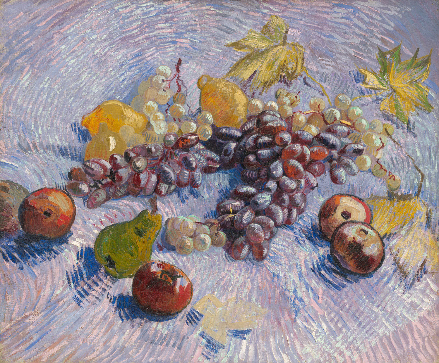 Stillleben: Trauben, Zitronen, Birnen und Äpfel von Vincent van Gogh – Ein lebendiges Stillleben mit einer Vielzahl von Früchten in intensiven Farben. Die Darstellung von Trauben, Zitronen, Birnen und Äpfeln zeigt Van Goghs meisterhafte Technik und seinen Ausdruck von Licht und Textur. Das Werk spiegelt die charakteristische Farbgebung und Pinselstriche des Post-Impressionismus wider.