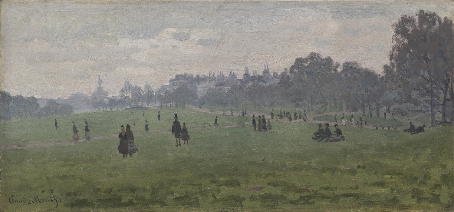 Impressionistische Darstellung des Green Park in London mit sonnendurchfluteten Wiesen, schattigen Bäumen und lebendigen Pinselstrichen von Claude Monet.