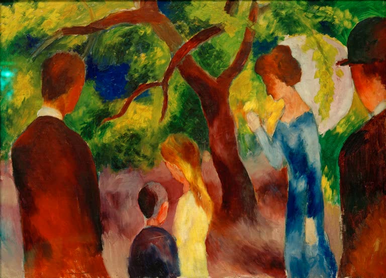 Kunstdruck des Gemäldes „Große Promenade: Leute im Garten“ von August Macke. Hochwertig in Deutschland von Hand gefertigt, erhältlich als Poster oder Leinwand und optional gerahmt.