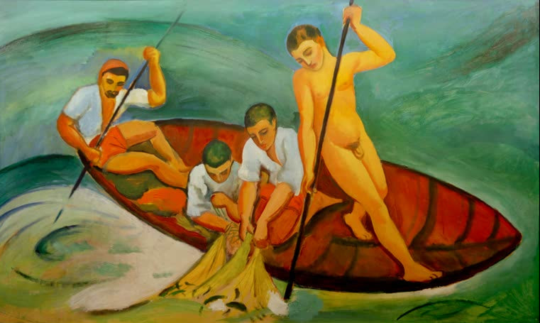 Kunstdruck des Gemäldes „Großer Fischzug“ von August Macke. Hochwertig in Deutschland von Hand gefertigt, erhältlich als Poster oder Leinwand und optional gerahmt.