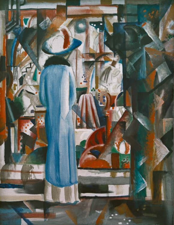 Kunstdruck des Gemäldes „Großes helles Schaufenster“ von August Macke. Hochwertig in Deutschland von Hand gefertigt, erhältlich als Poster oder Leinwand und auf Wunsch gerahmt.