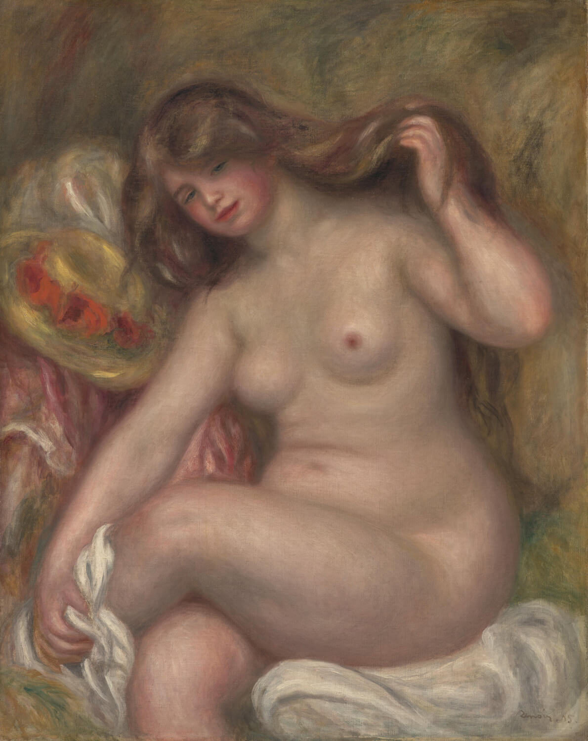 Kunstdruck des Gemäldes „Die großen Badenden“ von Pierre-Auguste Renoir, das mehrere weibliche Akte in einer sanften, impressionistischen Darstellung zeigt. Die Badenden genießen die Natur, während lebendige Farben und weiche Formen die Harmonie zwischen Mensch und Natur widerspiegeln.