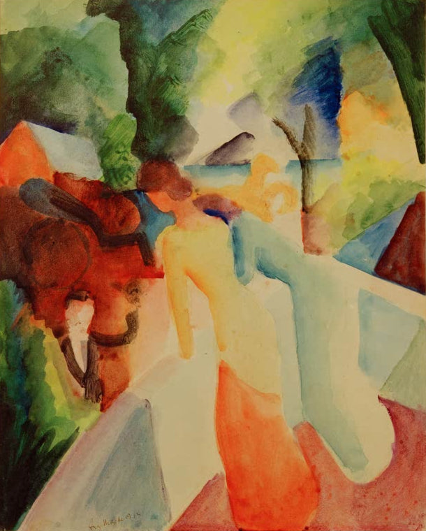Kunstdruck des Gemäldes „Gruß vom Balkon“ von August Macke. Hochwertig in Deutschland von Hand gefertigt, erhältlich als Poster oder Leinwand und optional gerahmt.