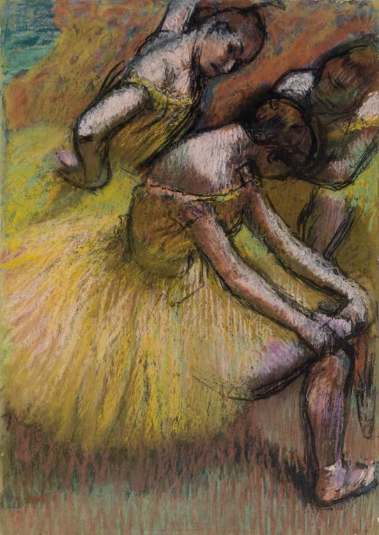 Kunstdruck des Gemäldes Gruppe von Tänzerinnen von Edgar Degas mit mehreren Balletttänzerinnen in einer Probe oder Aufführung.