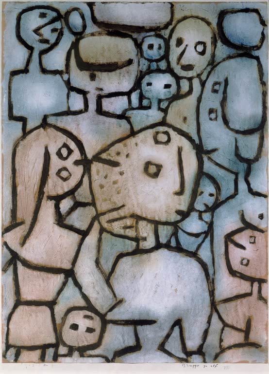 Kunstdruck des Gemäldes „Gruppe zu elf“ von Paul Klee – hochwertige Reproduktion eines abstrakten Kunstwerks mit charakteristischen Figurenformen.